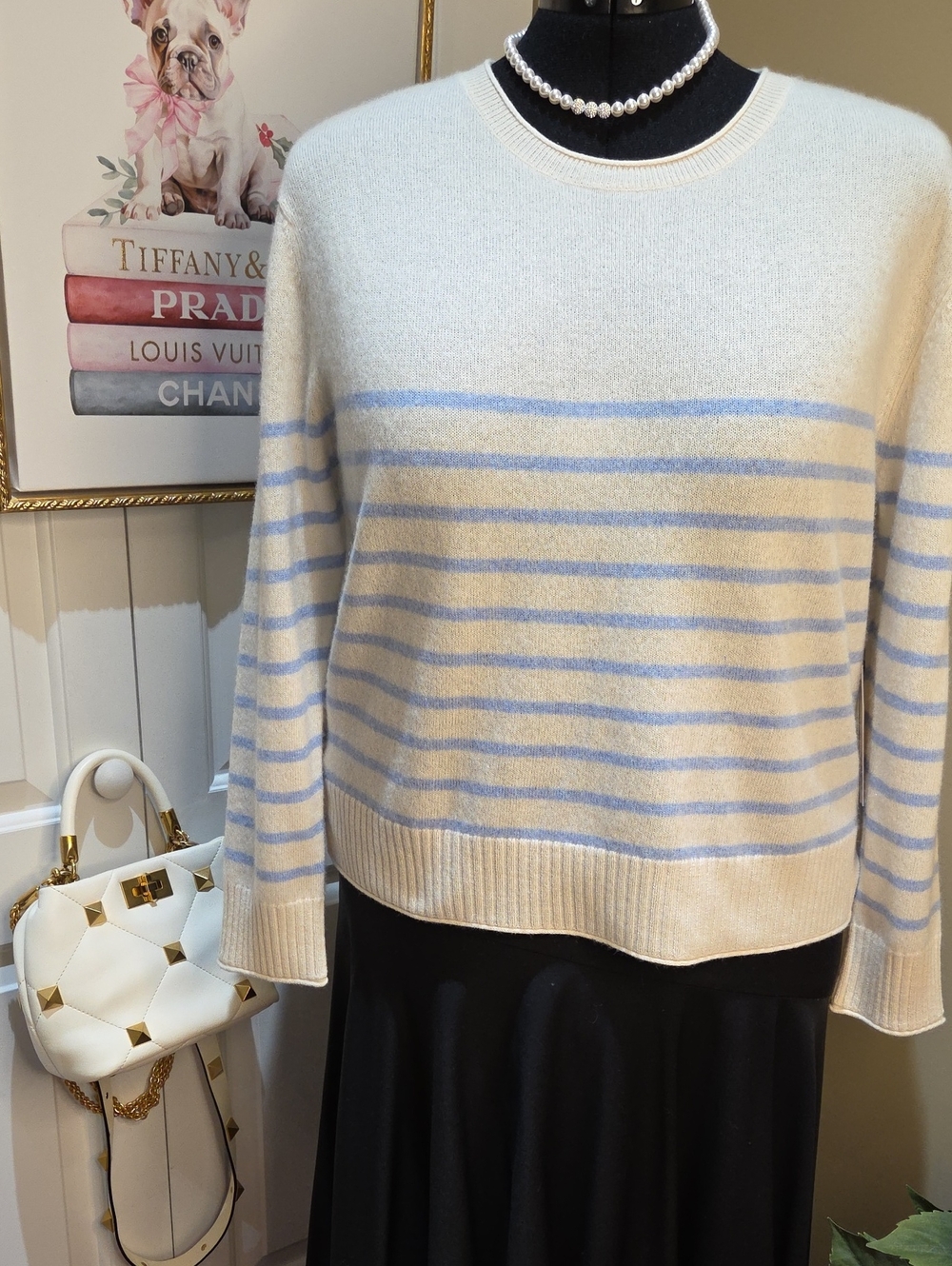 Nwt XL Rachel Zoe Striped Crew Neck Sweater in Cream & Blue